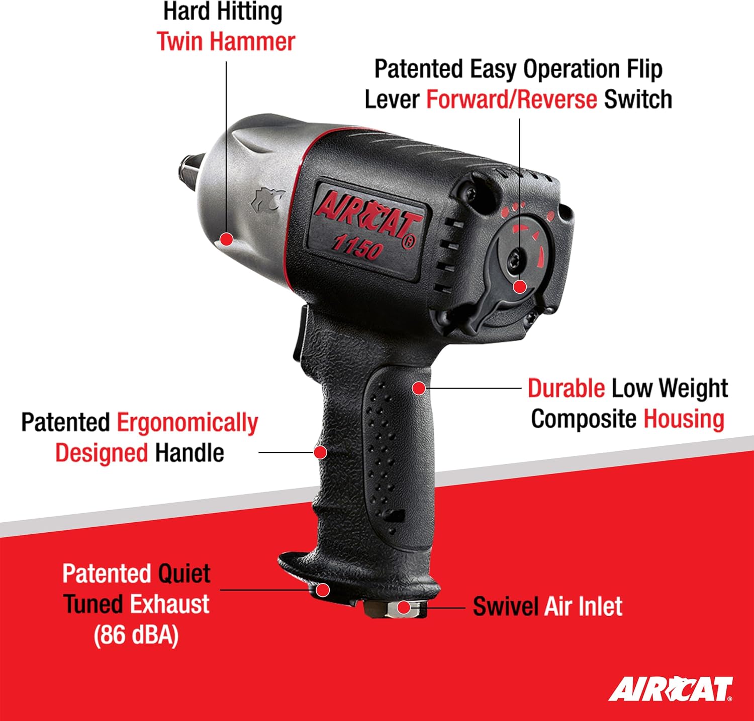 aircat 1150 with twin hammer, ergonomically designed handle, and forward/reverse switch