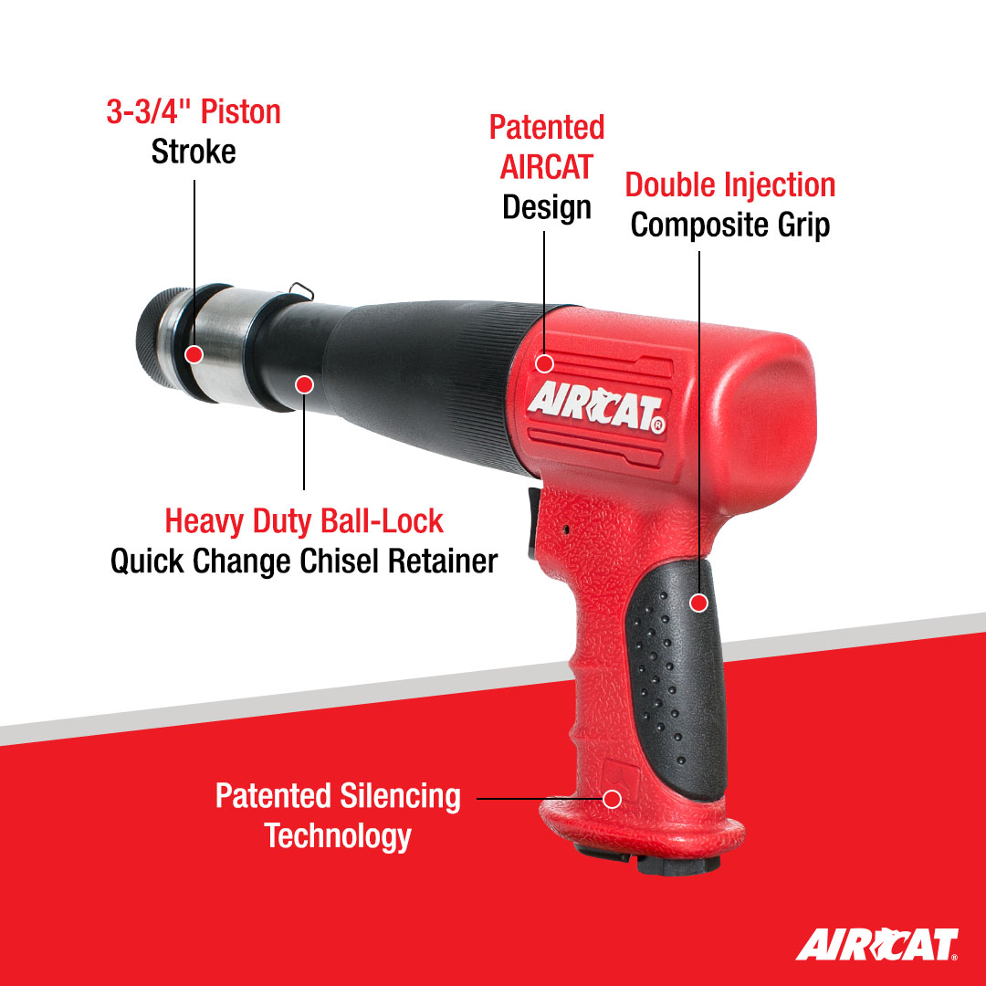 AIRCAT 5200-A-T air hammer with 3-3/4-inch piston stroke, ball-lock chisel retainer and composite grip