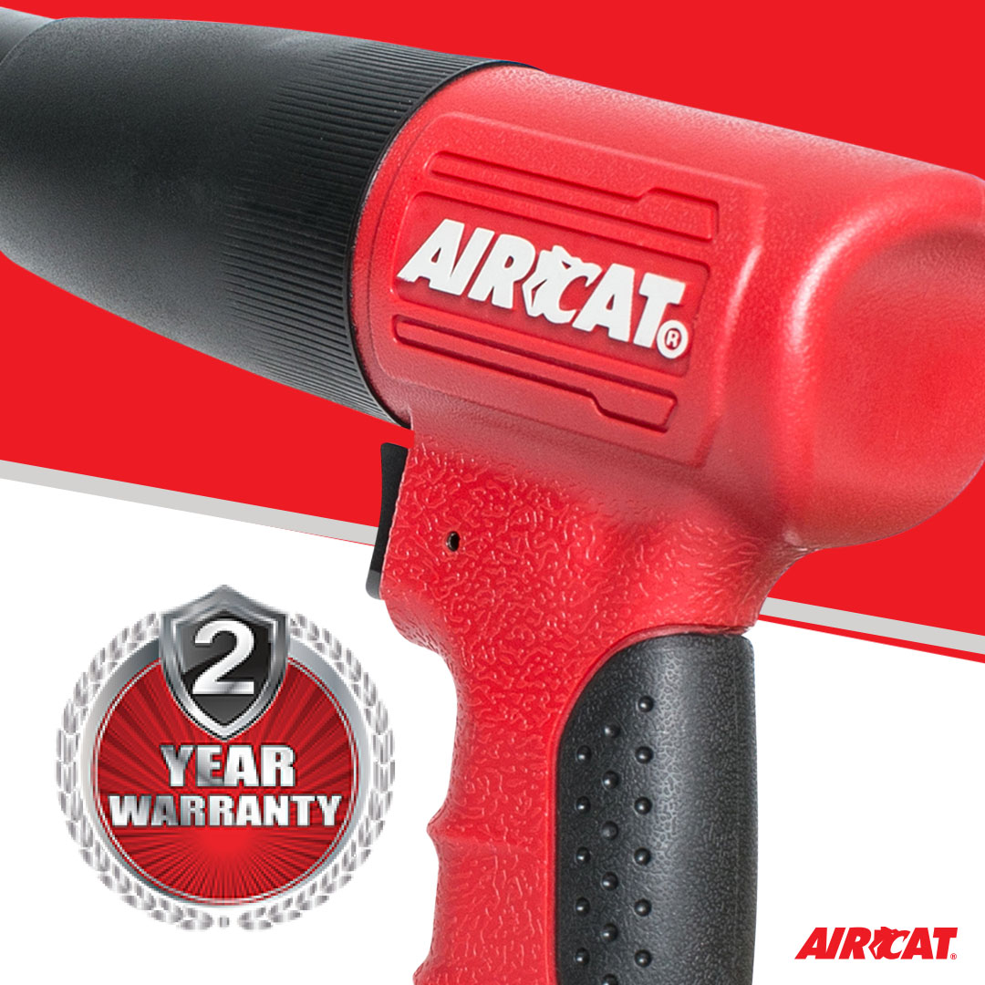Close-up of AIRCAT 5200-A-T air hammer composite handle and two-year warranty