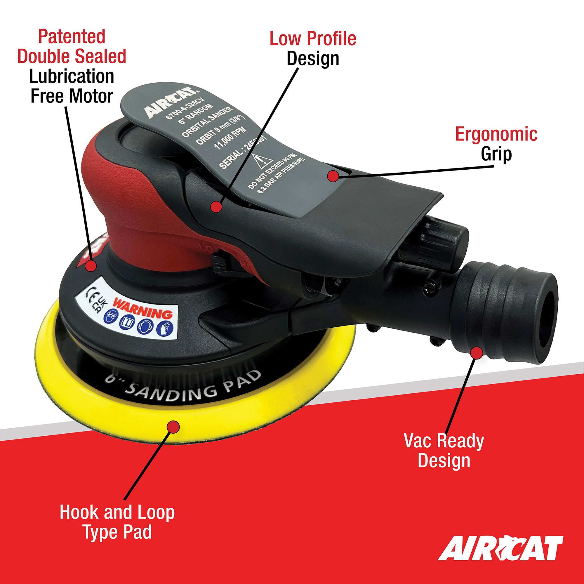AIRCAT 6700-6-338CV random orbital sander with low-profile design, ergonomic grip and vacuum-ready dust port