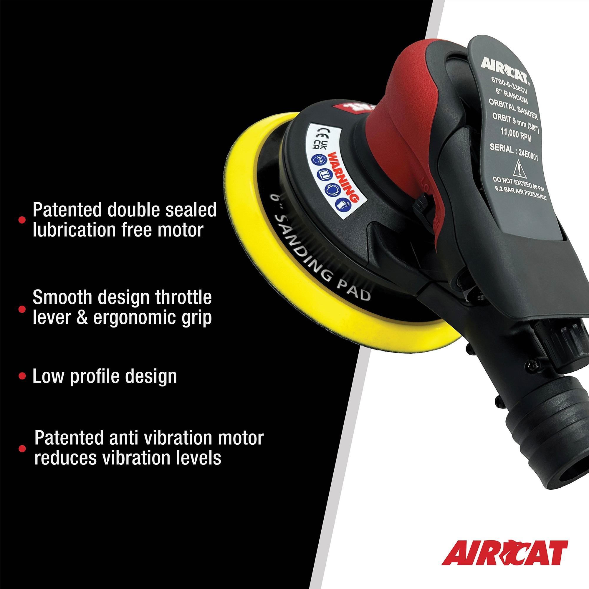 AIRCAT 6700-6-338CV low-profile random orbital sander with lubrication-free anti-vibration motor
