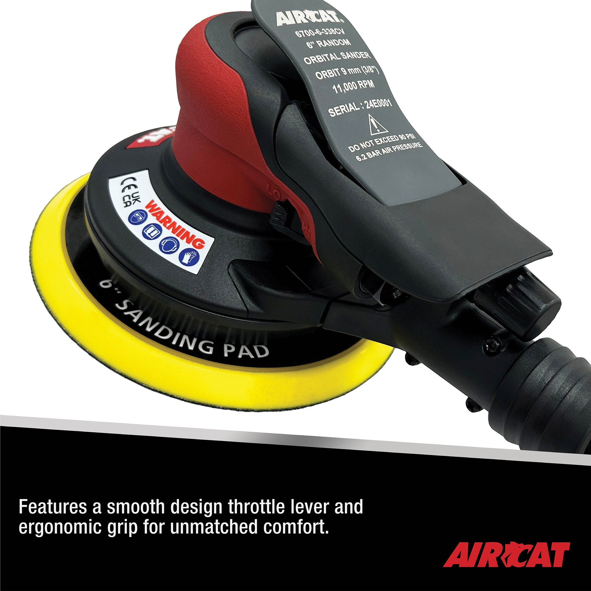 Close-up of AIRCAT 6700-6-338CV orbital sander ergonomic grip and smooth throttle lever