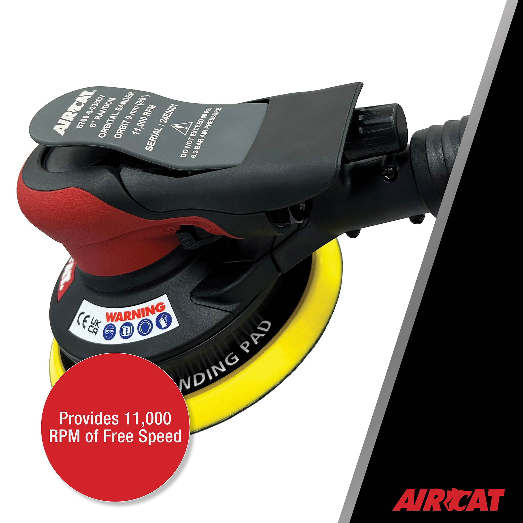 AIRCAT 6700-6-338CV 6-inch random orbital sander providing 11,000 RPM free speed